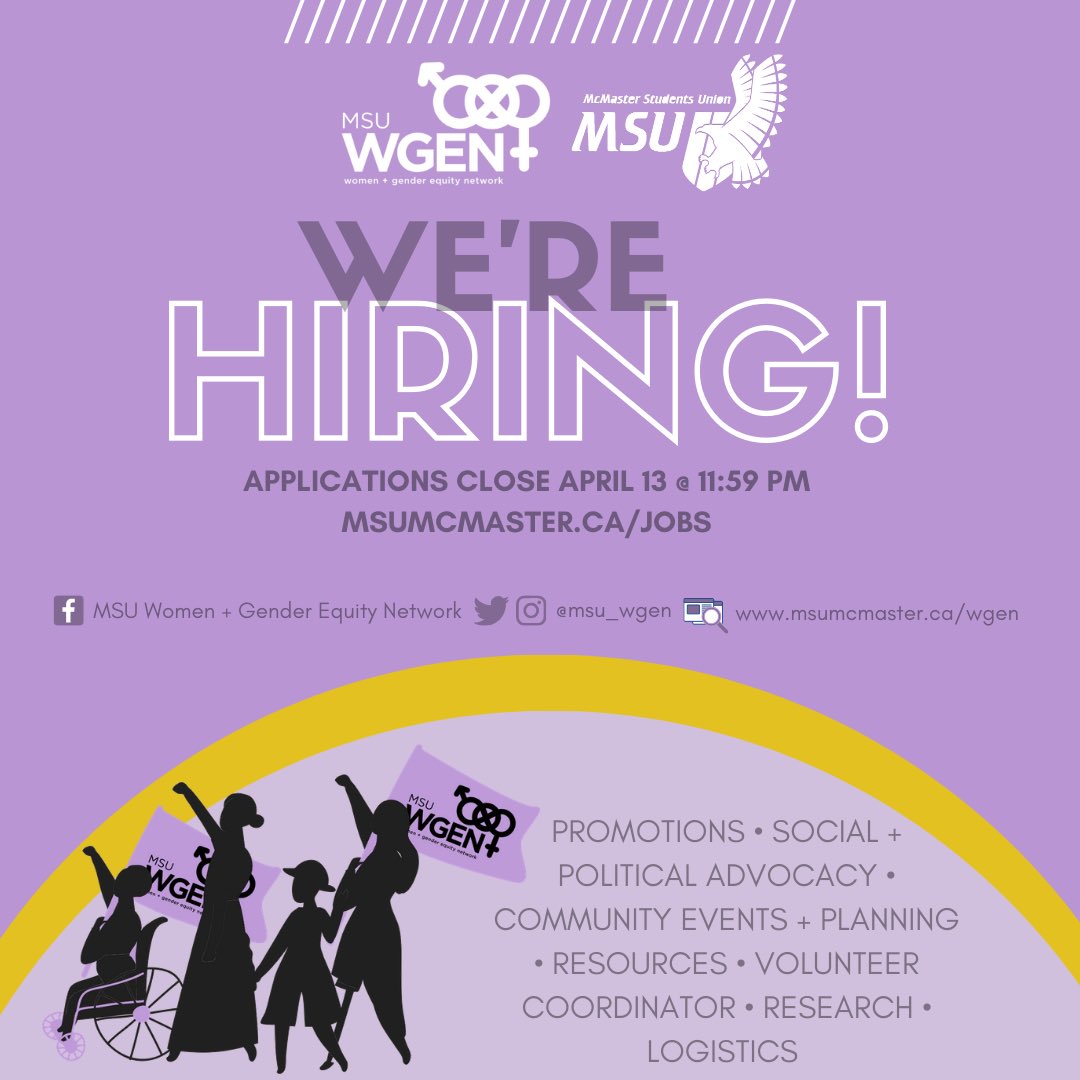 MSU_WGEN's tweet photo. We are happy to announce that WGEN is officially hiring the 2020/21 executive team for the next school year with 9 available executive positions! Apply here: https://t.co/yLpkna3kLw

Applications close on Monday April 13th at 11:59! https://t.co/l0QhaR8gSv