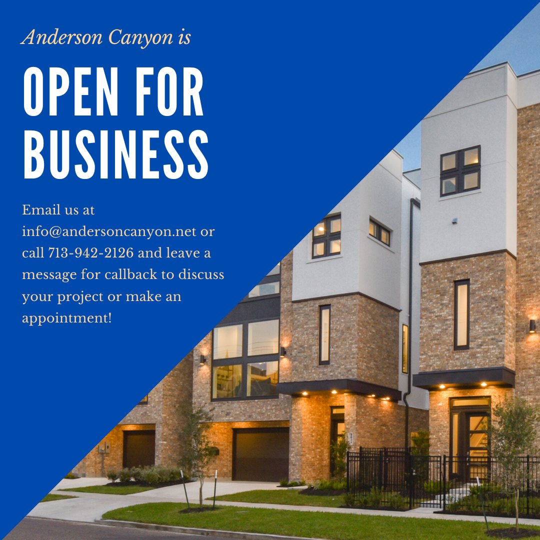 Anderson_Canyon's tweet photo. Anderson Canyon is open for business! Email us at info@andersoncanyon.net or call 713-942-2126 to leave a message for call back to discuss your #architecturalproject or make an appointment! #houstonarchitect #houstonrealestate #luxuryhomedesign #multifamily #commercialrealestate https://t.co/tIsAKrgMk6