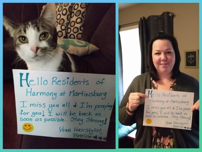 PSSalonandSpa's tweet photo. Patricia and her four-legged friend say "hello!" to the residents at Harmony at Martinsburg. #hellofromyourPSpro #psproud #seniorliving https://t.co/FeMBUIl0rU