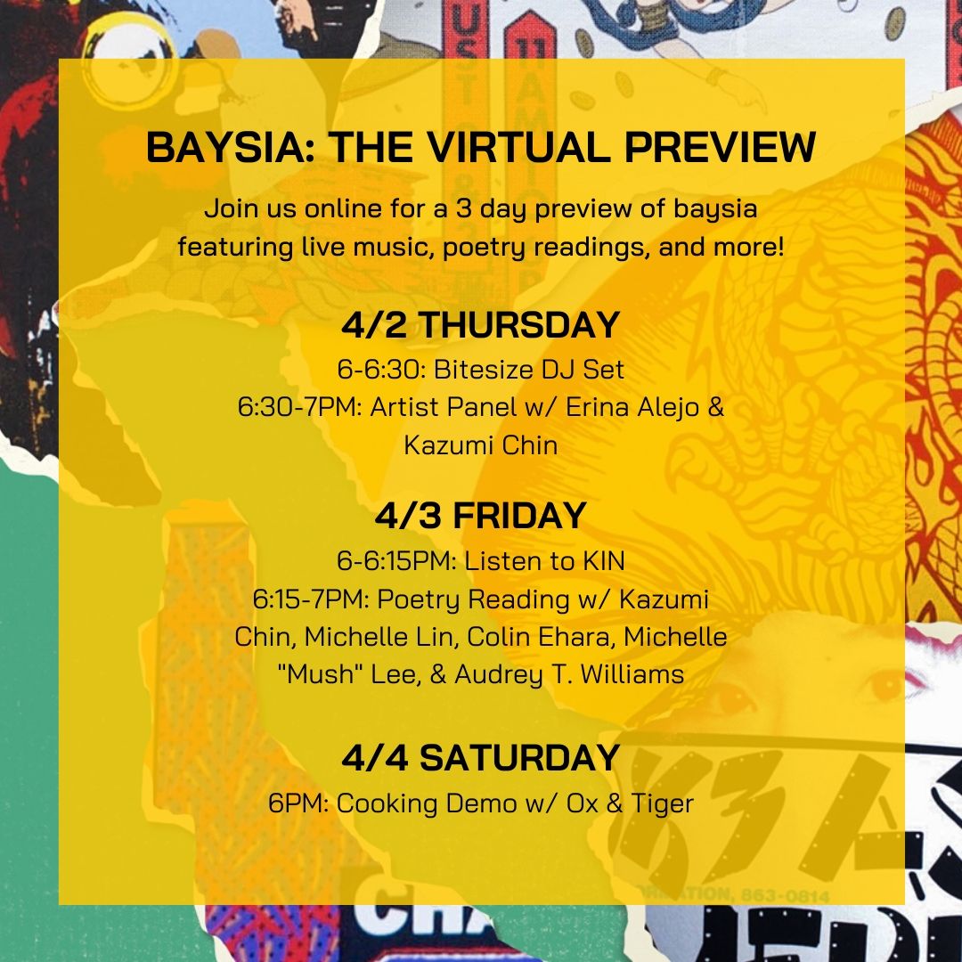 <a href="/BalayKreative/">Balay Kreative</a> x <a href="/kearnystreet/">kearnystreetworkshop</a> x <a href="/UNDISCOVEREDSF/">Undiscovered SF</a>'s Kulinary Confidential present #baysia: The Virtual Preview. Join us online starting 4/2 for 3 nights showcasing the voices and talent of baysia! Free RSVP for the Zoom link: balaykreative.com