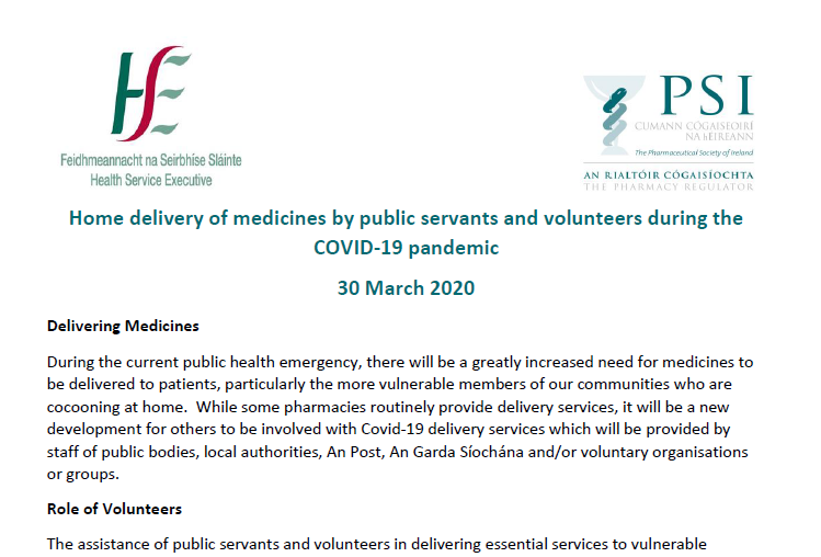 PSIRegulator's tweet photo. PSI and HSE have today published guidance on home delivery of medicines for pharmacists, volunteers and patients to support significant national efforts underway to protect those staying home to stay well #COVID19 https://t.co/A0pUBXhOBX https://t.co/BqRoKIerlV