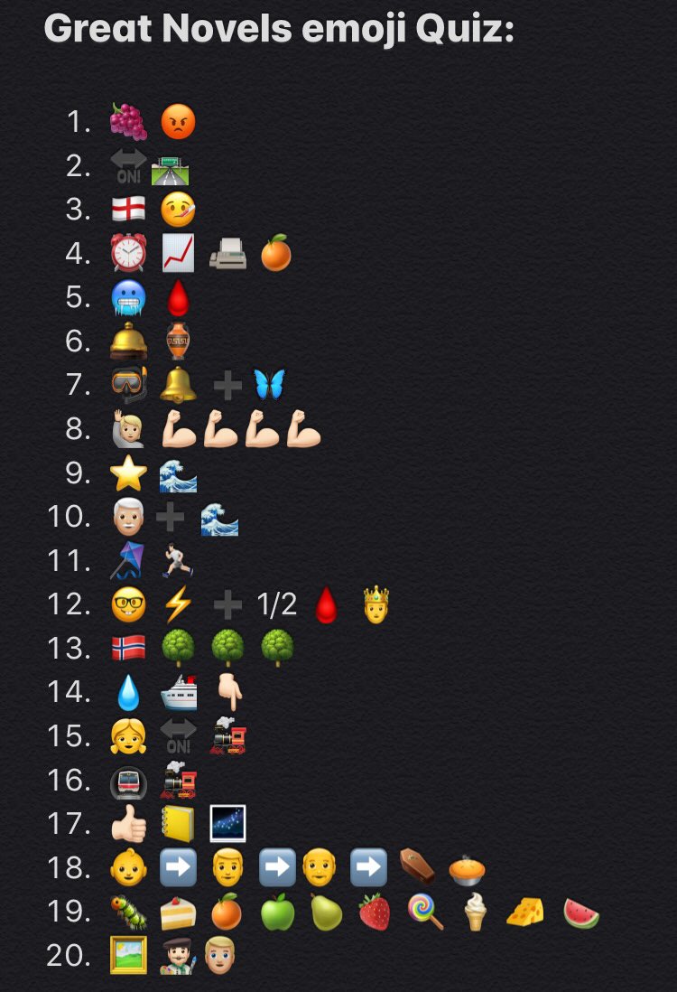 I’ve made you a ‘great novels’ emoji quiz. Coz you know, social distancing. 😕 The winner is the first person to get all 20! #emojiquiz #greatnovels #book