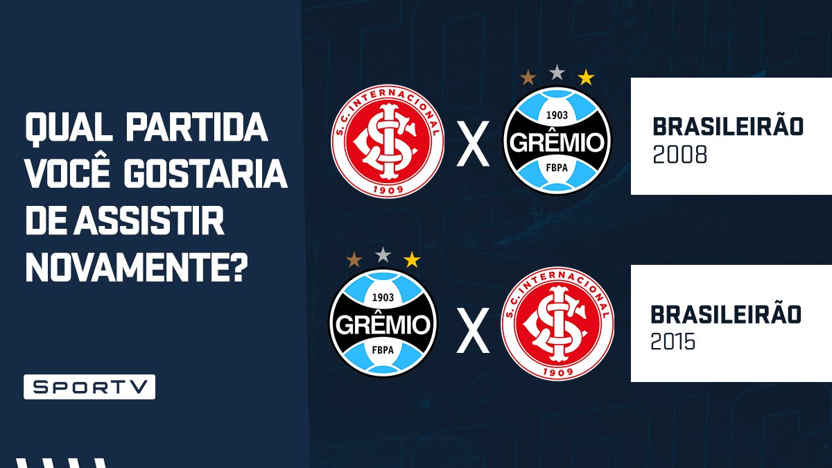 sportv's tweet photo. É Gre-Nal que você quer para assistir nessa quarentena? Vote no seu jogo preferido e escolha ele para ser reexibido.

A partida que vencer, passará nesta terça (31) no SporTV. Vote 👉 https://t.co/aF63CPAkuj

#SporTVRetro https://t.co/F8Tyzh64gd