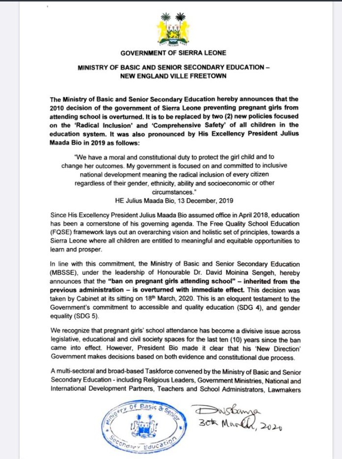 WYCF_SL's tweet photo. BREAKING NEWS: The band of pregnant girls from attending school has been overturned, the Minister of Basic and Senior Secondary School Education announced. Equal opportunity for girls. https://t.co/PuMw1rC8oO
