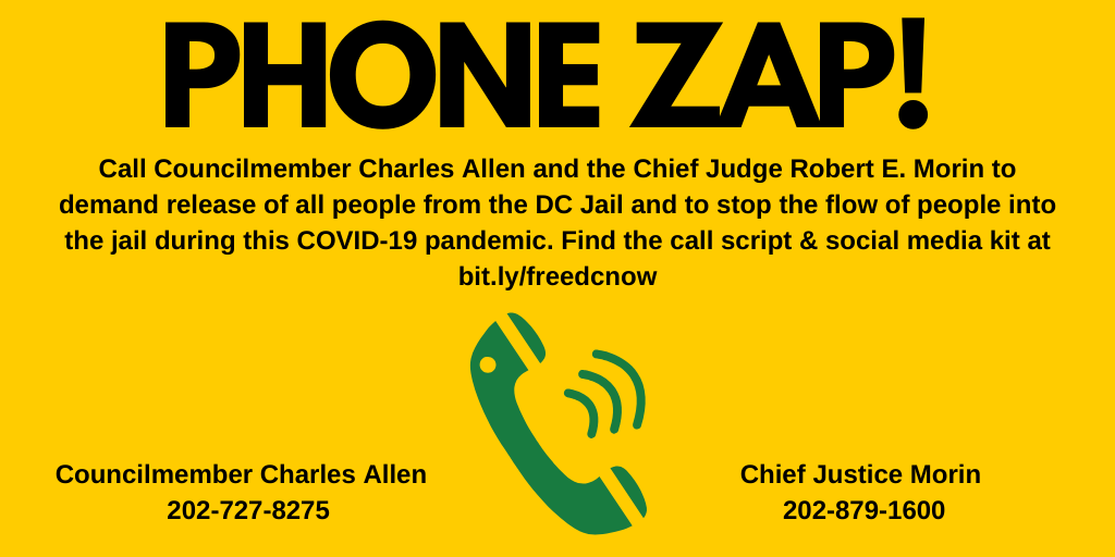 LSCdc's tweet photo. .@NoNewJailsDC is demanding ALL people being held at the DC jail are immediately released to prevent further community spread. Call and tweet @CMCharlesAllen and Chief judge Robert E. Morin to demand decarceration. Sample call-in script &amp; tweets here: https://t.co/wX2tDwt7mT https://t.co/KzGrU5t9pv