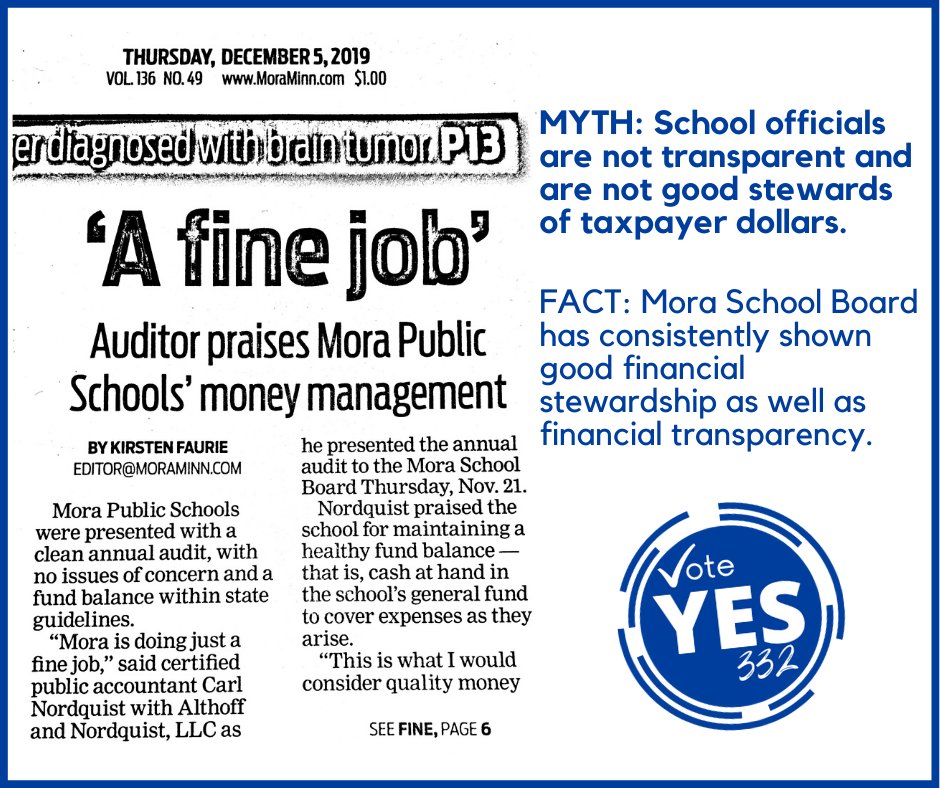 voteyes332's tweet photo. Every time a referendum has been a topic, the school board has been accused of financial impropriety. The accusation, however, has no basis in reality. #VoteYes #VoteEarly #VoteAbsentee #May12 #moraschools #MoraMN https://t.co/ROqJOUHfvG