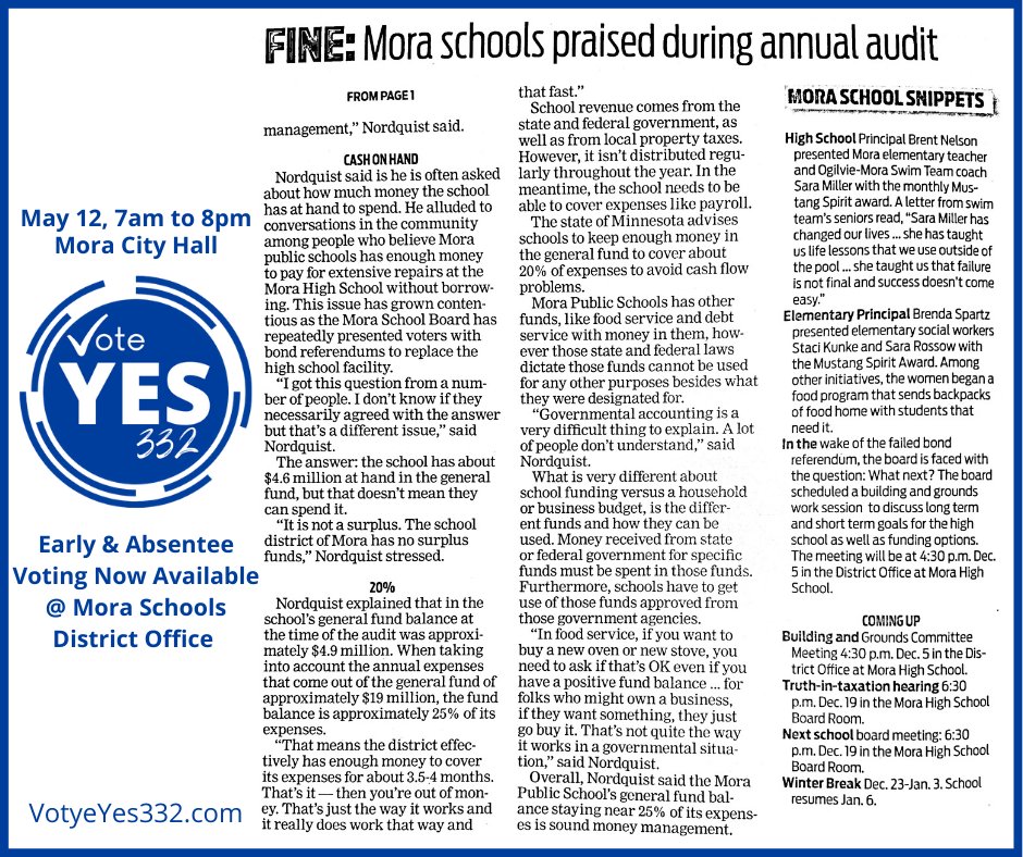 voteyes332's tweet photo. Every time a referendum has been a topic, the school board has been accused of financial impropriety. The accusation, however, has no basis in reality. #VoteYes #VoteEarly #VoteAbsentee #May12 #moraschools #MoraMN https://t.co/ROqJOUHfvG