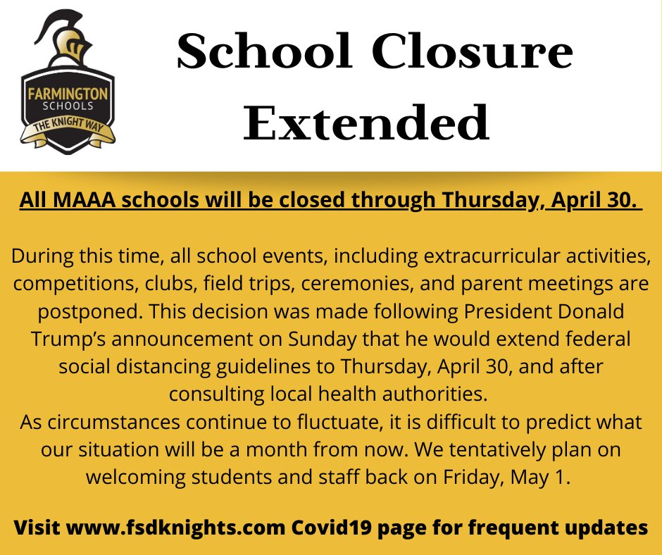 Please see the following letter from the MAAA‌ ‌Superintendent‌ ‌Association‌.  Please stay tuned to our website and social media outlets for further updates coming later today.  t2m.io/ADPJgMq7