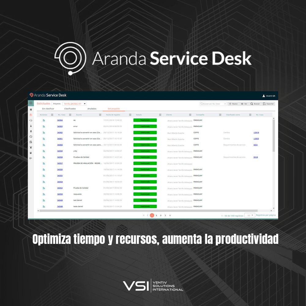 ventivsolutions's tweet photo. Aranda #ServiceDesk, permite gestionar diversos procesos de su negocio a través de una misma consola y brindar soporte a diferentes tipos de casos como: solicitudes, incidentes, problemas y cambios.
Conoce más @arandasoft👨🏻💻 https://t.co/7Qtc5tfU8S
#ArandaSoftware #Latinoamerica https://t.co/XmBJEYC352