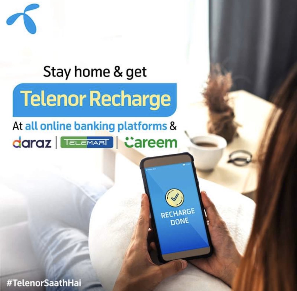 RamshaPakistani's tweet photo. Good news for Telenor customers! Now you don’t have to go out to recharge your balance, you can simply recharge through online banks, daraz, careem &amp; telemart. Stay home, stay safe! #TelenorSaathHai https://t.co/vbDcKaUg1V