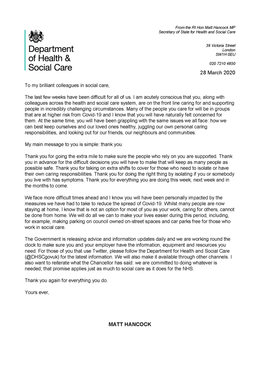 We have today received a letter from the Department of Health & Social Care to say thank you for everything that our staff are doing.
#frontlinestaff #appreciation #carers #careworkers #careassistant #clapforourcarers #thankyousocialcare