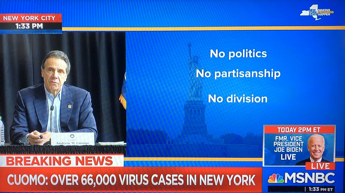 pjkeegs's tweet photo. From @NYGovCuomo presser: “If there was ever a moment for unity, this, my friends, is that moment...there are no red casualties and there are no blue casualties: it’s red, white and blue ...if there is division at this time, the virus will defeat us.” https://t.co/t34P6knvOd