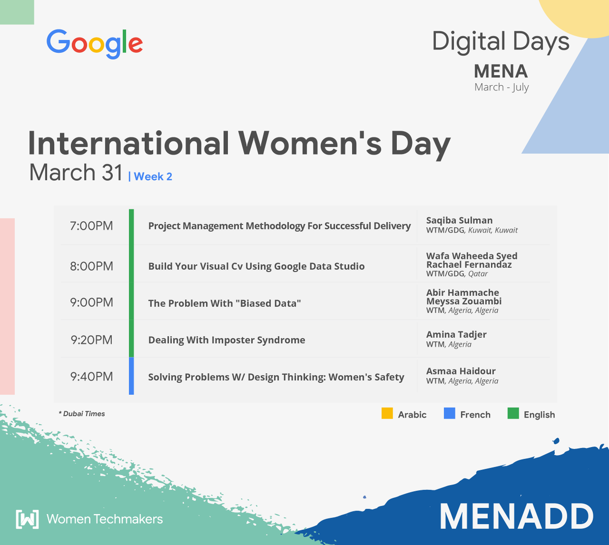 abid_salim's tweet photo. #MENADD Week-2  #internationalwomenday continues
Day3: March 31 7PM GST
Live #YouTube https://t.co/RZq6isBYMk

Learn with @WomenTechmakers leads from 3 countries:
@gdgwtmkuwait @saqibasulman

@GDGDoha @WafaWaheedaS

@AlgiersWTM @AbirHammache @__Meyssa__ @AminaTadjer @HaidourAsma https://t.co/P0yQrAaiB9