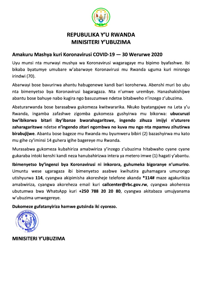 RwandaHealth's tweet photo. 30.03.2020
Amakuru Mashya kuri Koronavirusi COVID-19 / Update on COVID-19 Coronavirus / Mise à Jour sur le Coronavirus COVID-19 https://t.co/w9GV7OdfTb