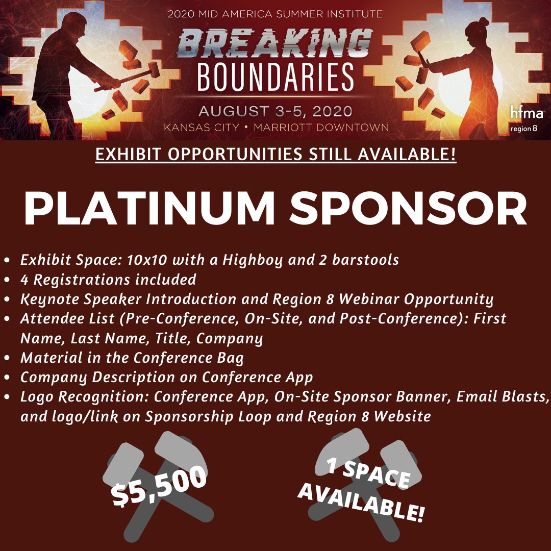 Only ONE Platinum Sponsor opportunity left for MASI 2020! 

Sign up here- cvent.me/4BrQzw

#HFMA #HFMAR8 #Sponsorship