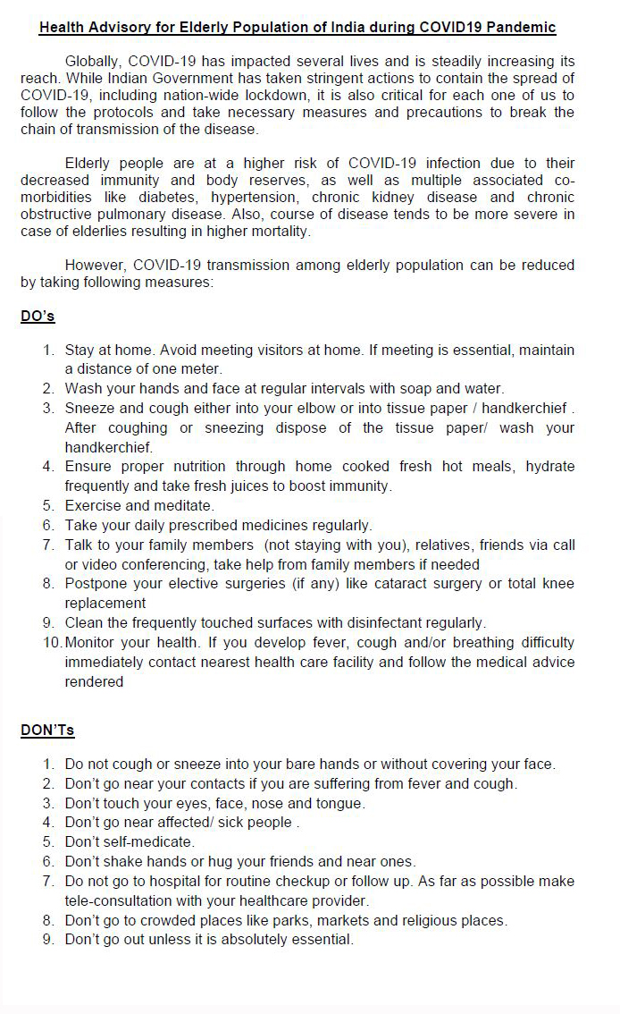EDMC78028804's tweet photo. Health Advisory for Elderly Population of India during COVID19 Pandemic https://t.co/q3VYOLrfNo