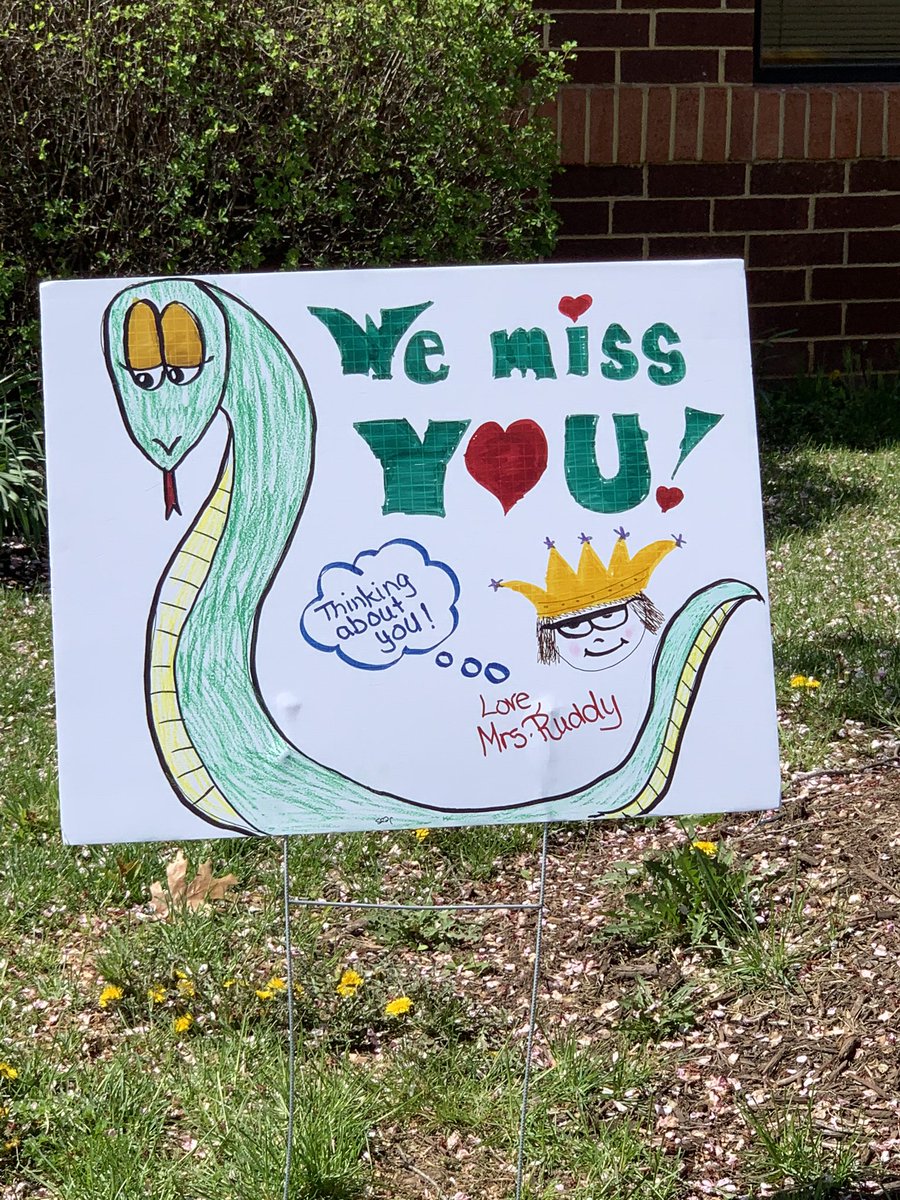 vscheivert's tweet photo. Signs, signs, everywhere I see signs. Teachers expressing how much they miss their kids as parents and student pickup their Chromebooks @EMESpythons #lcps19 https://t.co/3DspMqegoM