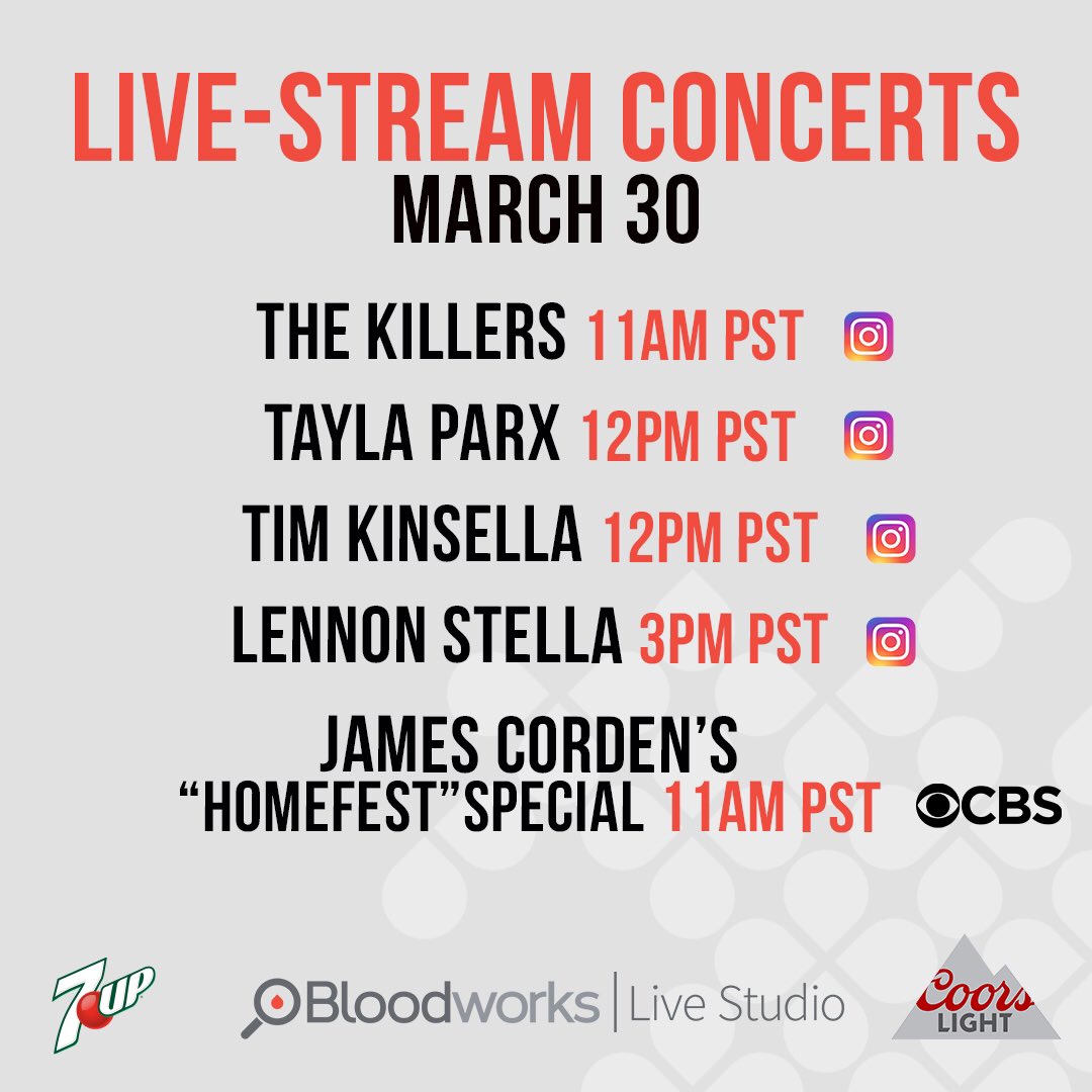 PNCLiveStudio's tweet photo. Concerts to watch on 3/30 brought to you by @BloodworksNW 7UP and Coors Light 😎 #livestream #livefromhome #thekillers #taylaparx #timkinsella #lennonstella #jamescorden @kinkradio @live955 @wehiphoppdx @987thebull https://t.co/ybsDP1f8m8