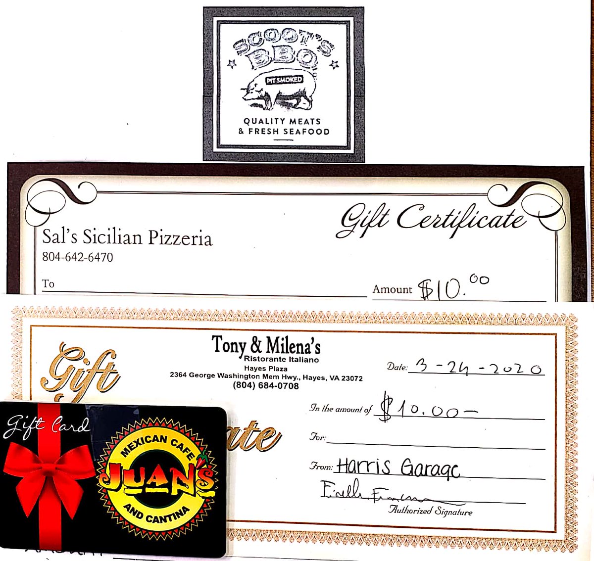 HarrisGarage's tweet photo. Any customer in for service will receive one of these gift cards to enjoy a wonderful meal and help support a local business. We are so thankful to belong to this community and work with you to ensure we come out of this difficult time stronger.

https://t.co/xKnjEfPbAB https://t.co/WbzuQHMy5J