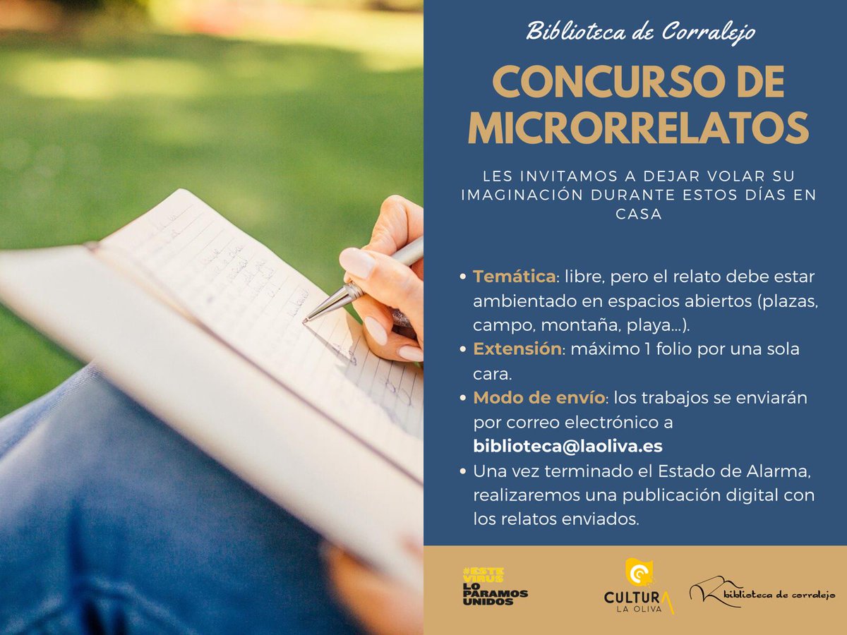 AytoLaOliva's tweet photo. 🖌 Concurso de Dibujo Infantil 📚 y de Microrrelatos para jóvenes y adultos. Una iniciativa del área de Cultura para promover la creatividad durante este confinamiento.

📧 Envío de trabajos al correo biblioteca@laoliva.es y 📍 más información en https://t.co/x93EdCNnqB. https://t.co/ecW4Lc9sks