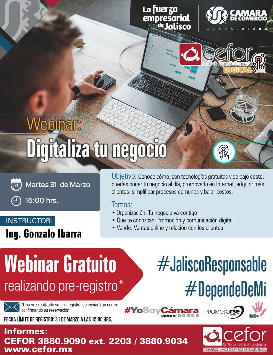 Para apoyar a la economía local ante la emergencia, la Cámara de Comercio de Guadalajara está organizando durante estas semanas un webinar abierto y gratuito.

Este martes 31-Mzo / 4-5 pm vamos a colaborar. Es orientativo e introductorio.

Están invitados.