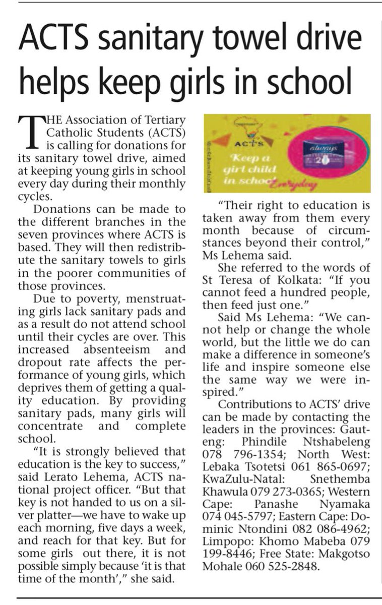 ACTSNational's tweet photo. Catch the Sanitary Drive article in the Southern cross, we encourage memebers to still buy one packet when they go shopping during this Lockdown but remember to also stay safe.

#ACTS #ACTSNATIONAL #SanitaryTowels #StaySafe #SACBC_YOUTH #MWYD_2020 https://t.co/SgsvsQ6R9p