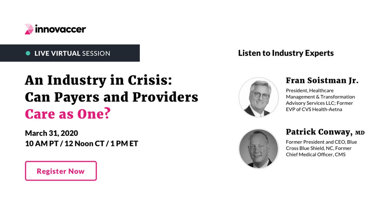Can Payers and Providers come together to effectively deliver in the midst of a global health &amp; economic crisis? Join healthcare visionaries on March 31 for an exciting virtual session to answer this. bit.ly/2wNyqk1