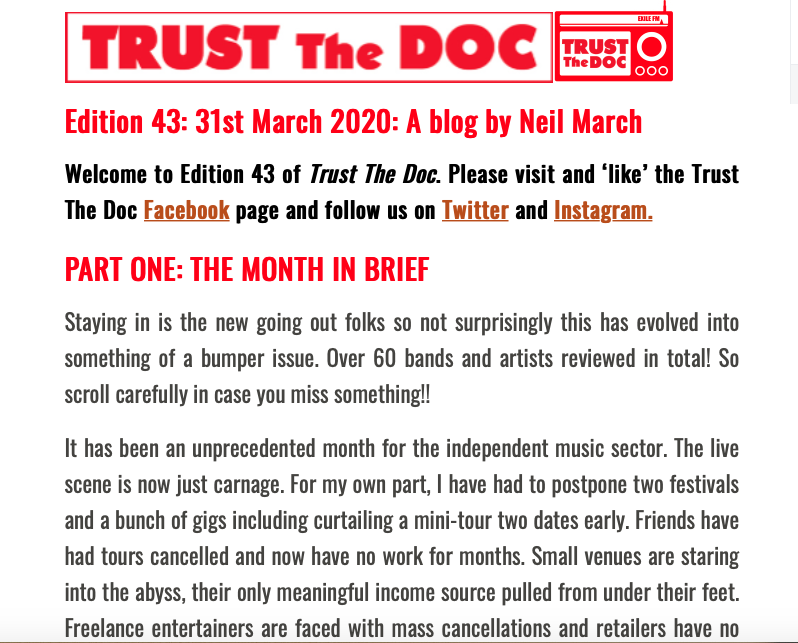 TrustTheDocUK's tweet photo. Ed 43 @TrustTheDocUK blog is published ft: @slinkysounds @Justtizze @Thailahmusic @josieofmusic @theglovecom @GregTees @AXLSmusic @worryparty @campfire_social @MiseryMt @Home_Counties_ @lunarbirdband @Fistymuffs @ManeatGrass &amp;loads more artists ...... https://t.co/kmthfxkX3G https://t.co/aYLdRbHRXh