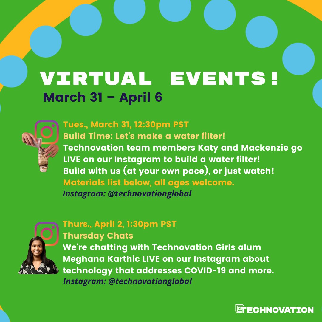 technovation's tweet image. Virtual events coming up:
🌧️ Build a water filter with us tomorrow (common materials list here: curiositymachine.org/challenges/103/) and tune into our tech-focused conversation with Technovation Girls alum Meghana on Thursday.

#StayAtHome #StaySafe