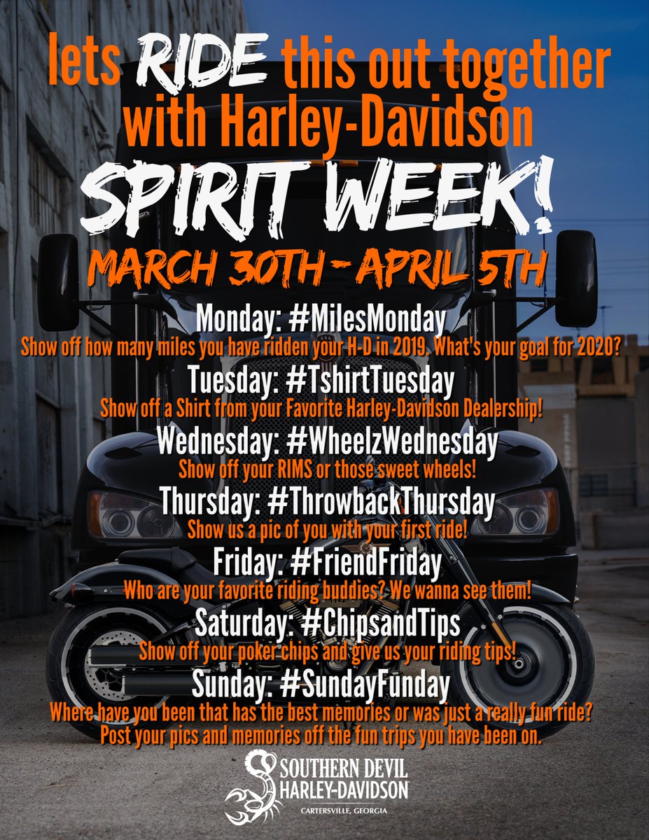 SouthernDevilHD's tweet image. During this uncertain time, lets all come together as a community for a little uplifting during Harley-Davidson SPIRIT WEEK!