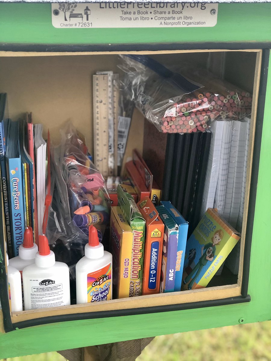 MaverickSAISD's tweet photo. Our little free library has been converted into a little free spot for school supplies. Take what you need, leave what you can! 💚 #MESinspired @SAISD https://t.co/oMNMbmyyH8