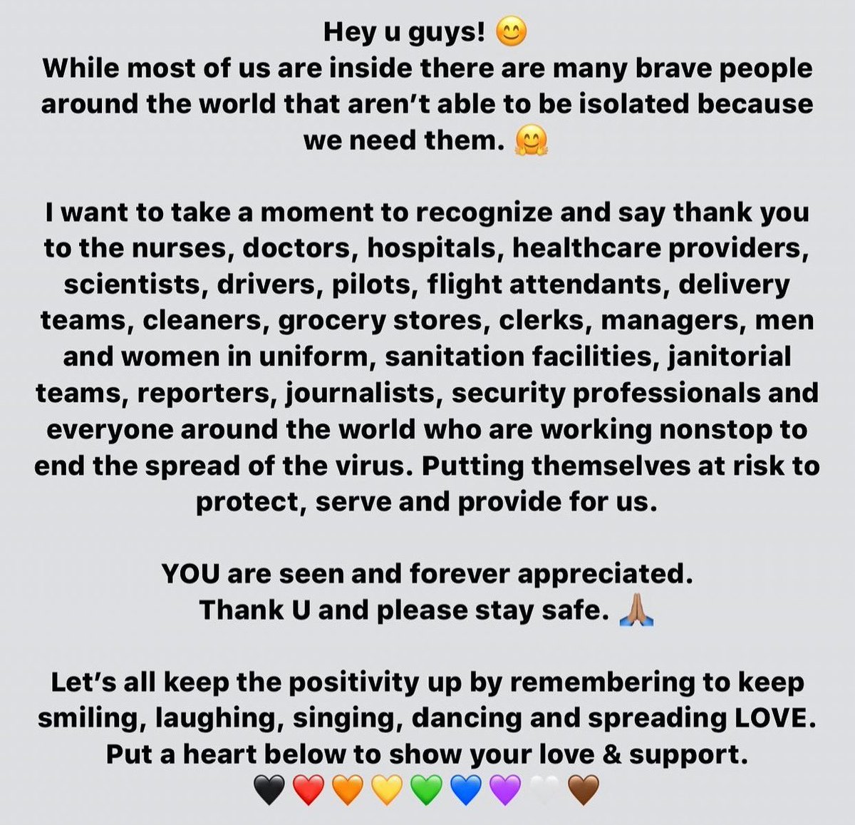 JanetJackson's tweet photo. I want to take a moment to recognize &amp; say Thank U to ALL the essential workers. You are seen &amp; appreciated. Please stay safe. 🙏🏽

Let’s all keep the positivity up by remembering to keep smiling, laughing, singing, dancing &amp; spreading LOVE. RT with a heart to show your support 🖤 https://t.co/bzwaStXfP5