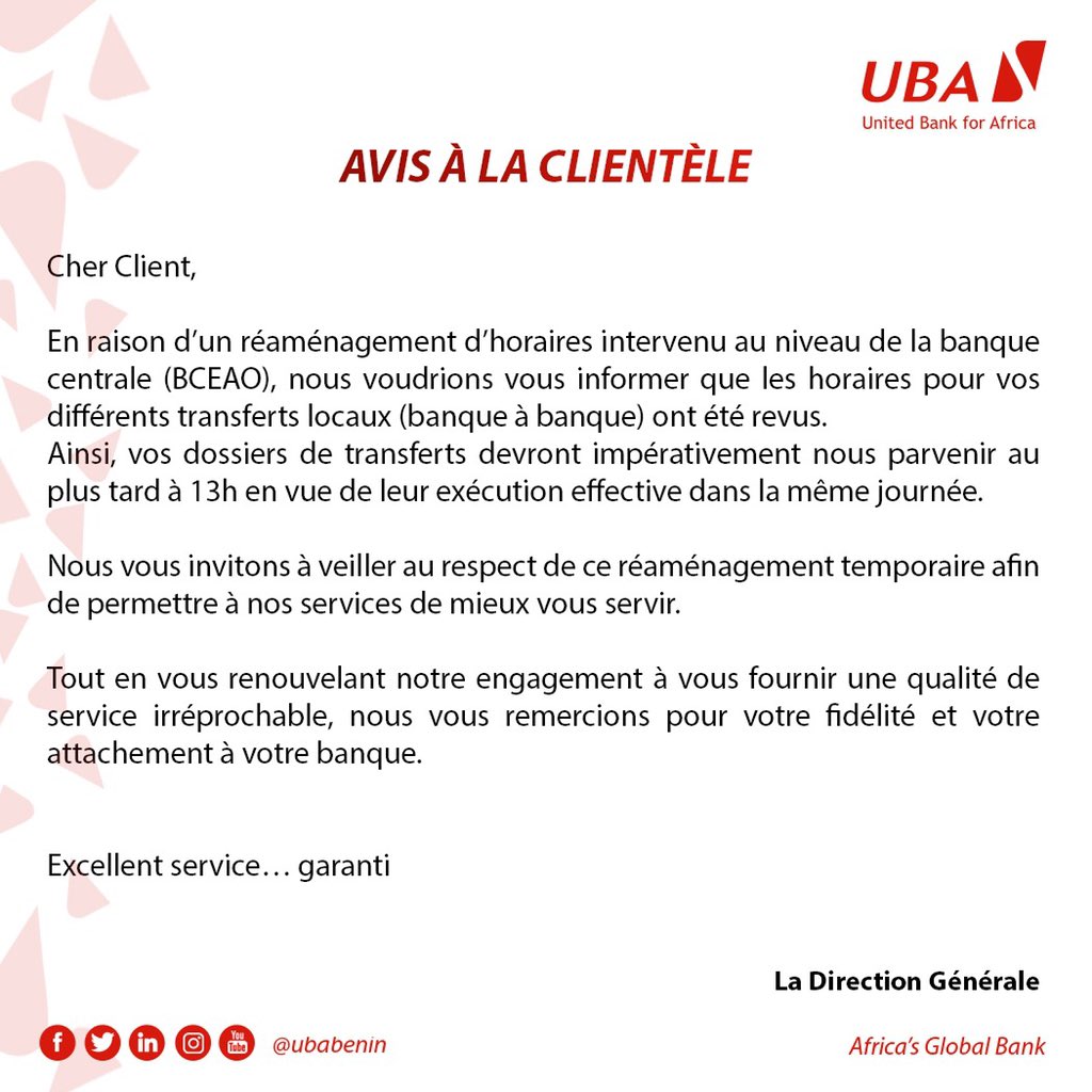 UBABenin's tweet photo. Avis à notre aimable clientèle !
#UbaBénin #AfricasGlobalBank #wasexo #team299 #Bénin #Banque https://t.co/rmckeRuvOQ