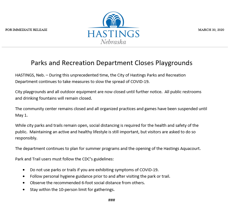 CityHastingsNE's tweet photo. As we continue to fight the spread of COVID-19, @HastingsRec19 is closing city playgrounds to the public until further notice.

You can still get some fresh air and exercise at other areas of our parks and trails, but please use proper hygiene and social distancing measures. https://t.co/gs6yS10PaT