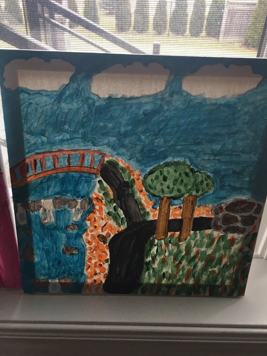 Angelina77's tweet photo. @LiveKellyRyan My 10 year old daughter Isabella painted this picture of the park trail in our neighborhood. We frequent this trail but haven’t been able to since we’ve been in self isolation (day #14). Stay safe everyone!  Love you Kelly and Ryan ❤️❤️ #krHomeArt https://t.co/2rIKLiNmQq