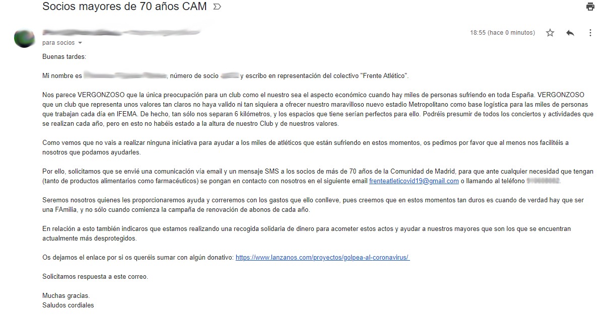 FA82Oficial's tweet photo. Éste es el correo que hemos enviado hoy al @atleti solicitando su colaboración para poder ayudar a los socios de más de 70 años que lo soliciten. Asimismo, si conoces de algún atlético o residencia que necesite ayuda ponte en contacto con nosotros 👉🏻 frenteatleticovid19@gmail.com https://t.co/1nzAYTSfNG