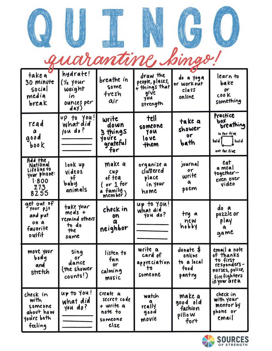 Try playing QUINGO this week! QUINGO is a  quarantine bingo from Sources of Strength! #sourcesofstrength