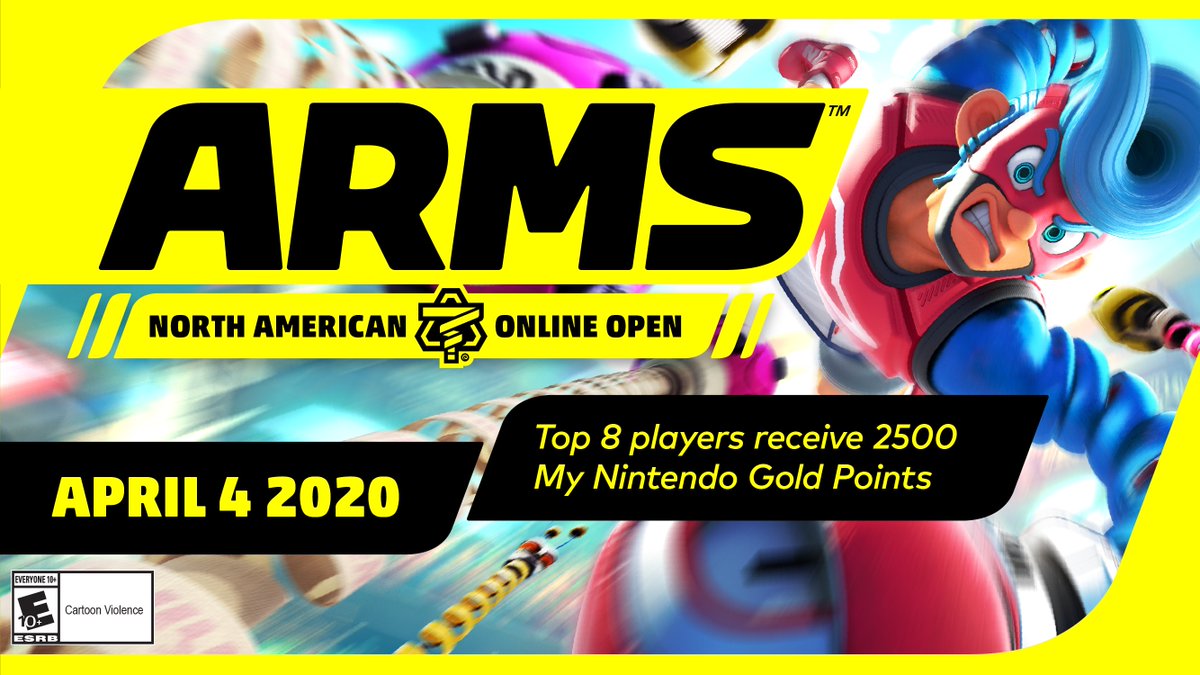 NintendoVS's tweet photo. Think you’ve got the #ARMS skills required to flex on the competition? Then spring into action and register today for the ARMS North American Online Open April 2020 event! The top 8 players will take home 2500 Gold Points.

👊 https://t.co/JsqtCtwN8P https://t.co/m0S214XIEr