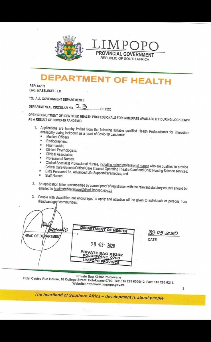 SEC_health's tweet photo. Limpopo government, Department of Health is on a recruiting mission for medical professionals. See the details below. #CoronaVirusSA #CoronaUpdate https://t.co/9Kz8m4ypCF
