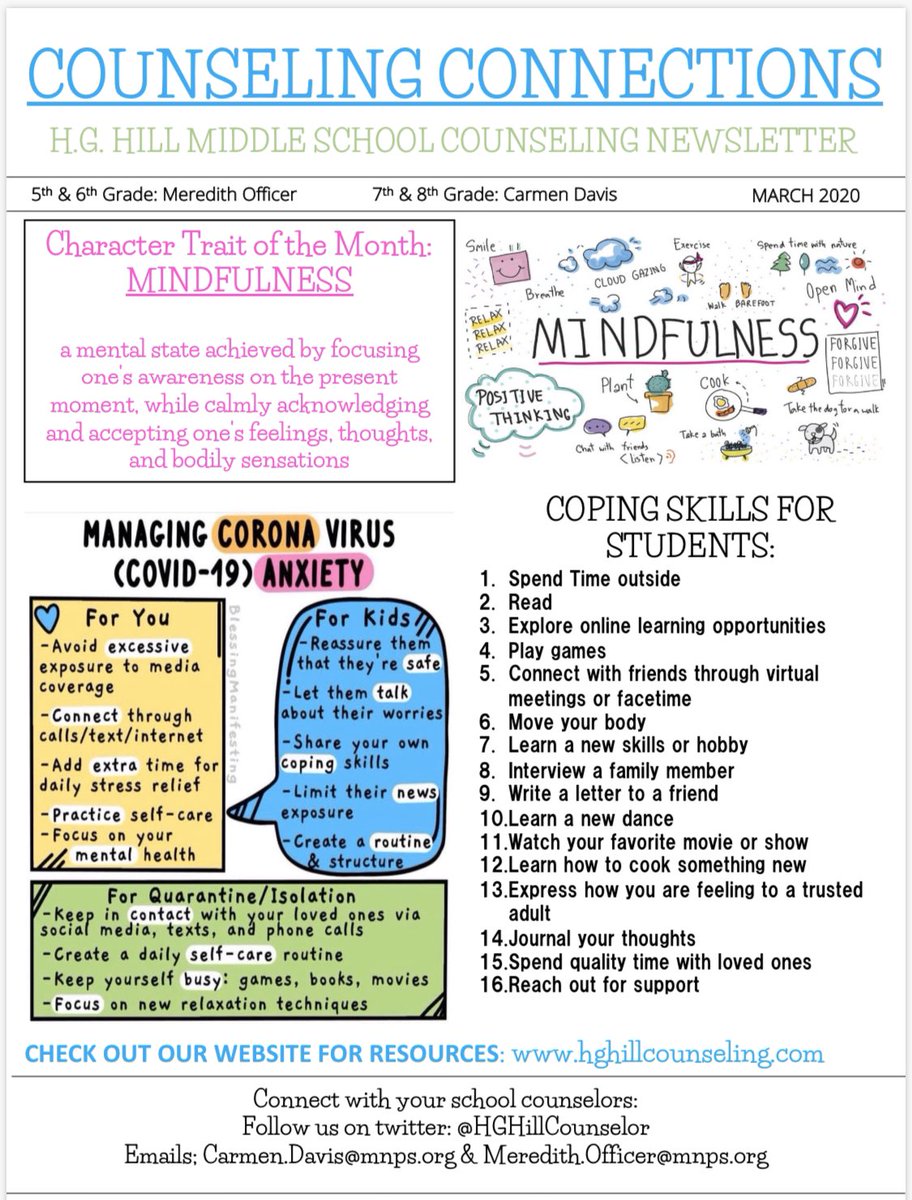 HGHillCounselor's tweet photo. Hey @HGHillMiddle check out our #CounselingConnections Newletter with helpful coping skills for you and your family! We miss you!! @ https://t.co/oqtRaxXWSi