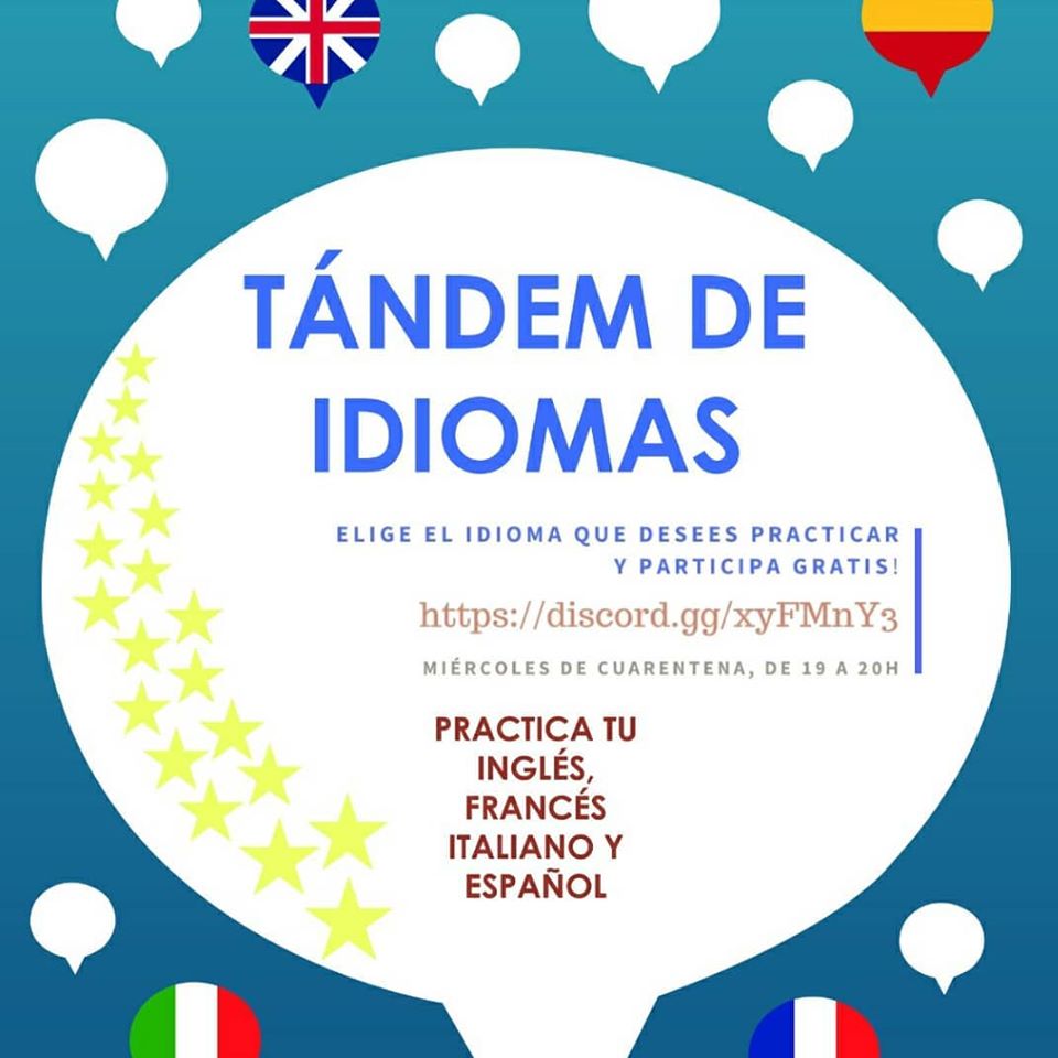 👋¡Hola chicos/as! ⏰ Os recordamos que este miércoles a las 19h seguimos con el #TándemIdiomas🇬🇧🇮🇹🇫🇷🇪🇸. Vamos a hablar del tema de "Las adicciones".

💻Participad pinchando en este enlace:
discord.gg/xyFMnY3

<a href="/EuropeDirectcr/">Europe Direct Ciudad Real</a>