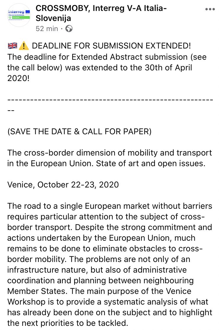 Pentucci's tweet image. Deadline for extended abstract postponed to 30.4.2020 #crossbordertransport @InterregITASLO #sustainablemobility