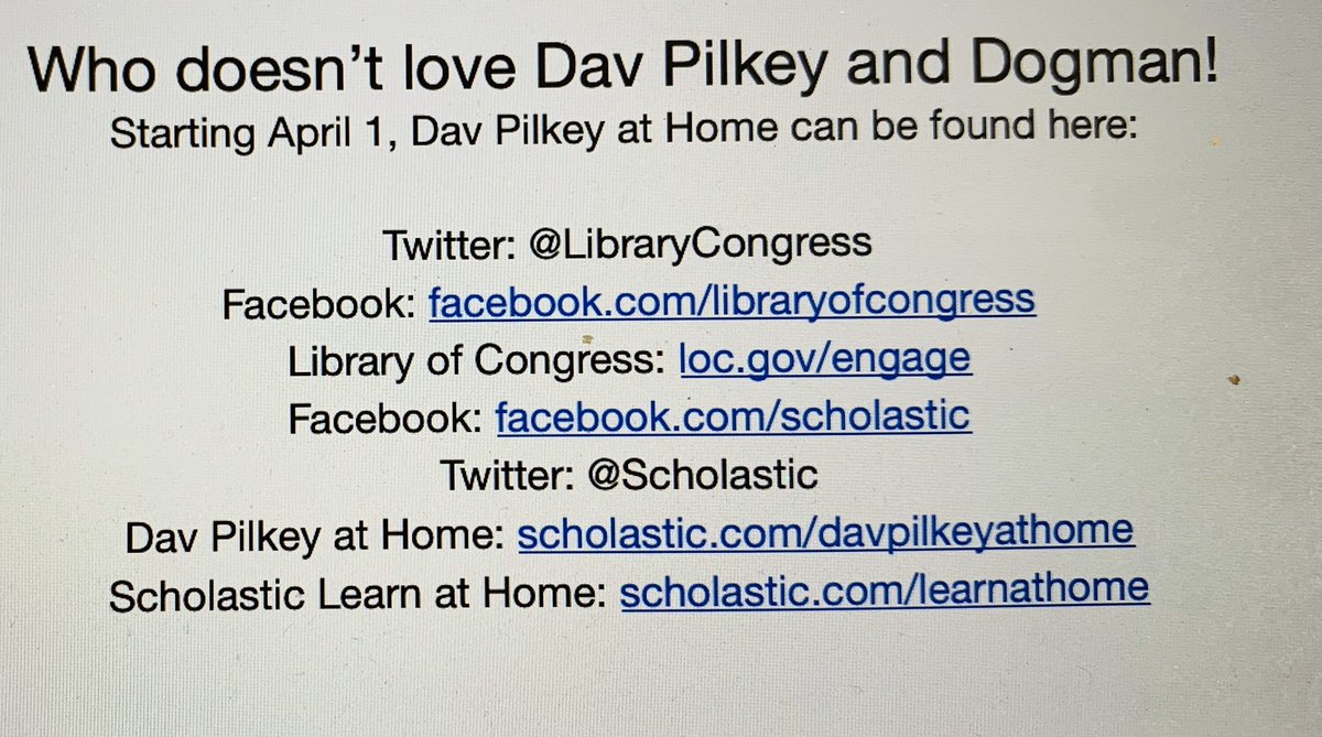 Who doesn’t love Dav Pilkey and Dogman! Beginning April 1 - Dav Pilkey can be found at scholastic.com/davpilkeyathome  #dogood <a href="/KCS_Libraries/">KCS Libraries</a>