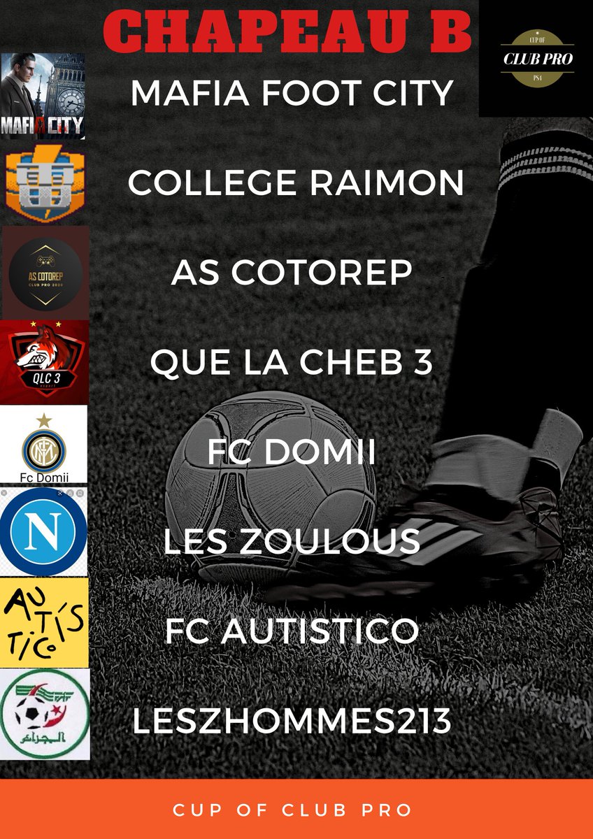 CUPOFCLUBPRO's tweet photo. Voici les 16 clubs qualifiés pour les 8ème de finale! 
Chaque premier (CHAPEAU A ) vont rencontrer un deuxième (CHAPEAU B) 
Les 8ème de finales devront être joués avant mardi soir 22h (aller-retour) 

Tirage au sort dans quelques minutes ⏳

#CUPOFCLUBPRO https://t.co/5r1zXLJbzO
