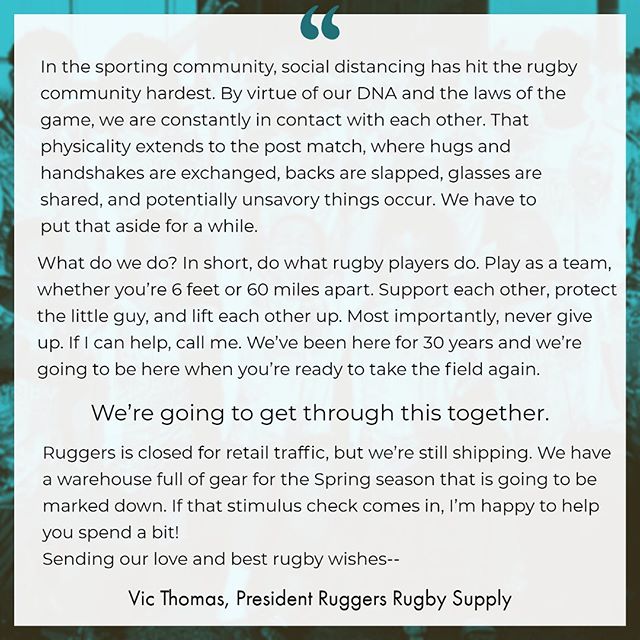 A message from Vic Thomas, President Ruggers Rugby Supply  #rugby #staysafe #withyou zpr.io/t2vDf