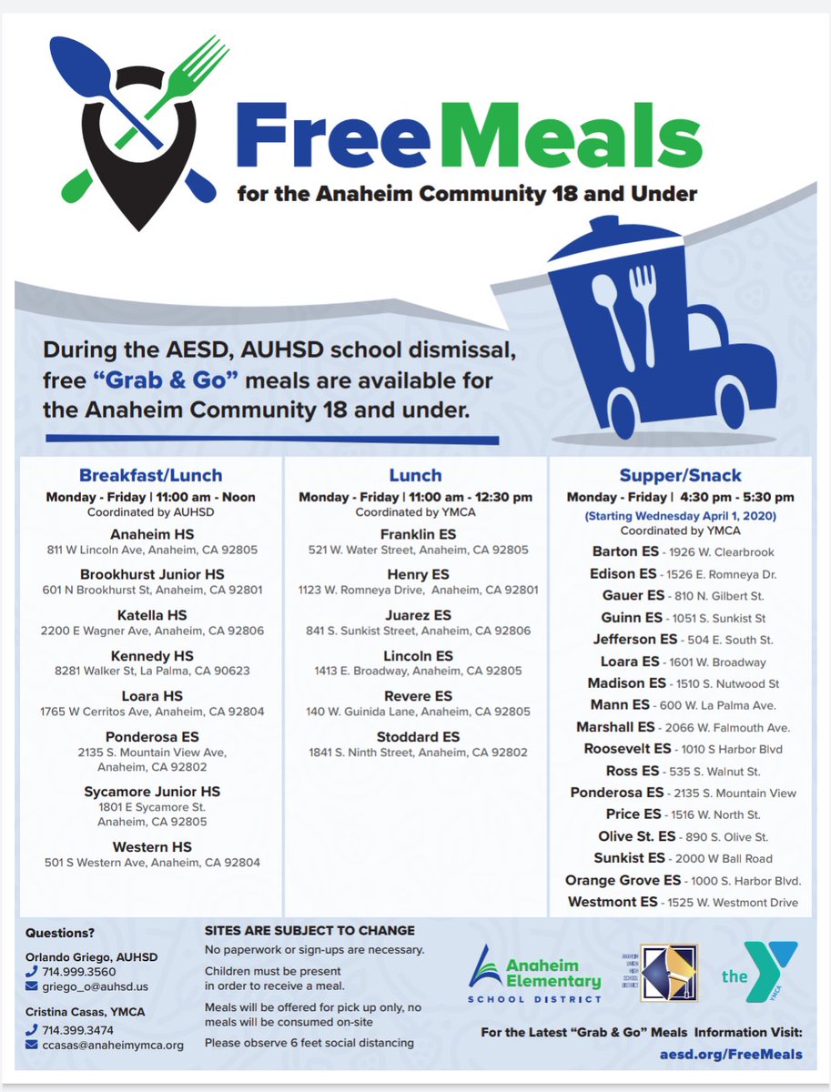 BFranklinSchool's tweet photo. Free Grab &amp; Go Meals for children 18yrs. old &amp; younger.  Supper/Snack has been added. Thank you to AESD, AUHSD, and YMCA
Alimentos para Llevar erases 18 años y menores. Cena/Bocadillo ahora incluido. Gracias a AESD, AUHSD, y YMCA @Navarro_PInvolv
@AnaheimElem https://t.co/dnR0CBXWUL