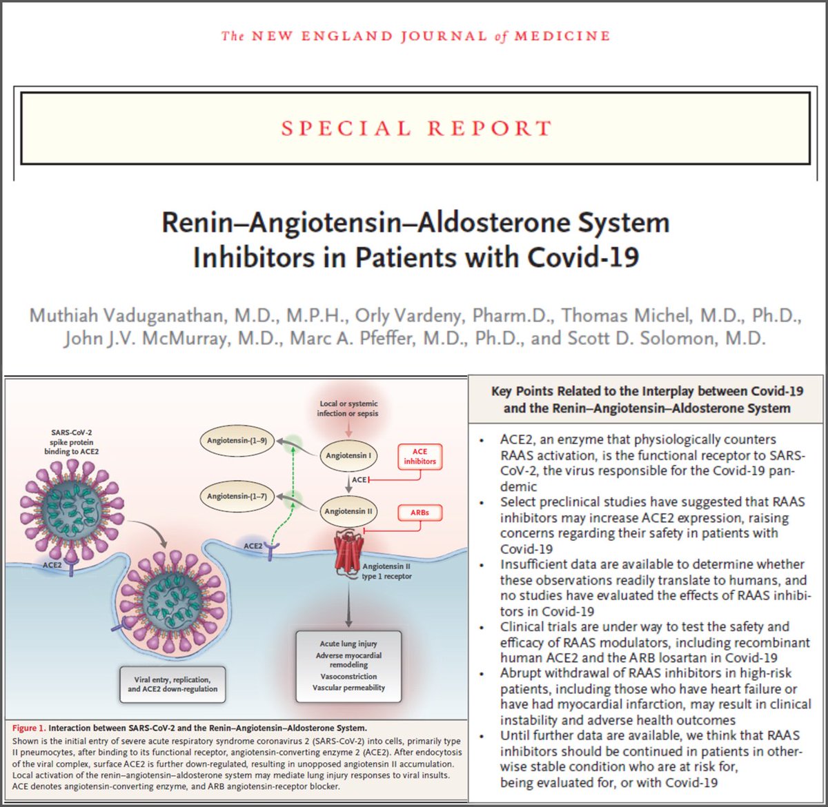 Muthu Vaduganathan (@mvaduganathan) on Twitter photo For decades, the elegant #RAAS has been pharmacologically targeted. SARS-CoV-2 hijacks this system in #COVID19
New <a href="/NEJM/">NEJM</a> Special Report <a href="/orlyvardeny/">orlyvardeny</a> @tmmichelangelo #McMurray #Pfeffer <a href="/scottdsolomon/">scottdavidsolomon</a>
Can #RAAS be regulated to protect against #COVID19?
📎 nejm.org/doi/full/10.10… For decades, the elegant #RAAS has been pharmacologically targeted. SARS-CoV-2 hijacks this system in #COVID19
New <a href="/NEJM/">NEJM</a> Special Report <a href="/orlyvardeny/">orlyvardeny</a> @tmmichelangelo #McMurray #Pfeffer <a href="/scottdsolomon/">scottdavidsolomon</a>
Can #RAAS be regulated to protect against #COVID19?
📎 nejm.org/doi/full/10.10…