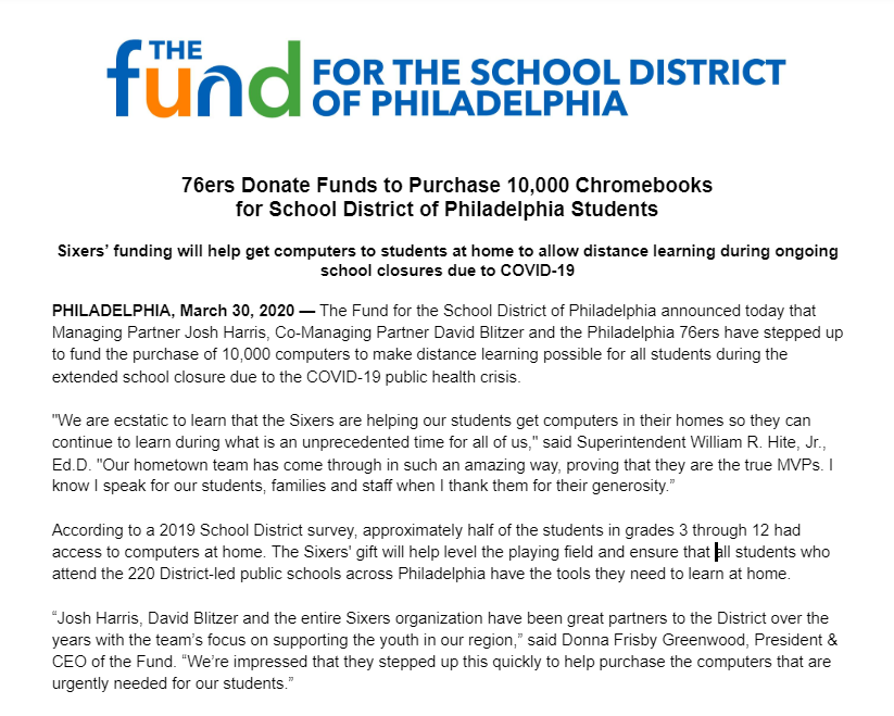 fundPHLschools's tweet photo. Great News! Our hometeam @Sixers and the @SIXERSSTRONG Managing Partner Josh Harris &amp; Co-Managing Partner David Blitzer have donated funding to support purchase of 10,000 Chromebook laptops for @PHLschools Students! #fundPHLschools #PHLed
Press Release: https://t.co/RA4ogWoJ9X https://t.co/AeAcKEqmDV