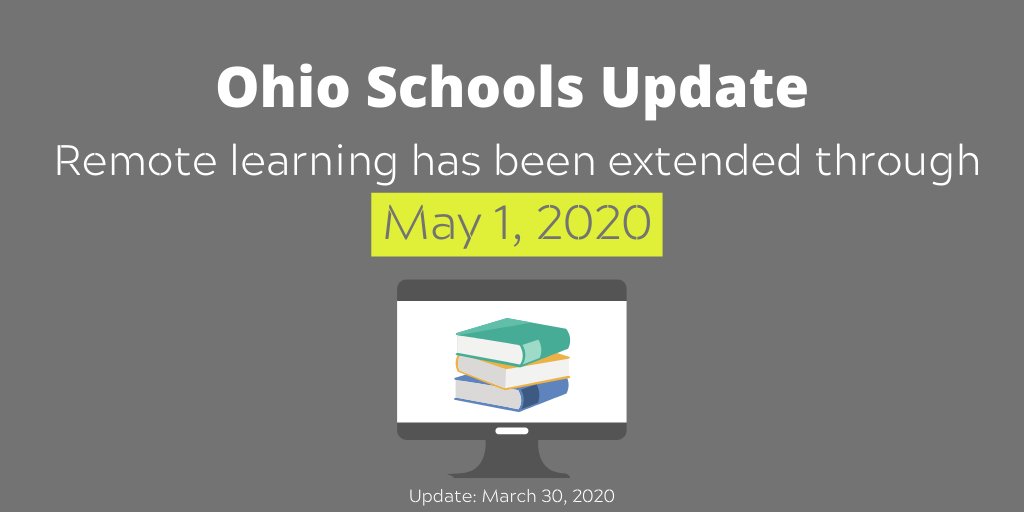 MarysvilleEVSD's tweet photo. Per Governor Mike DeWine’s announcement this afternoon, Ohio schools will continue remote learning through May 1, 2020 in response to the ongoing COVID-19 pandemic. Thank you to our staff and parents for their hard work and support! #InThisTogetherOhio #PTBM #MEVSD #PTBMSTRONG https://t.co/wkjEnQYfDE