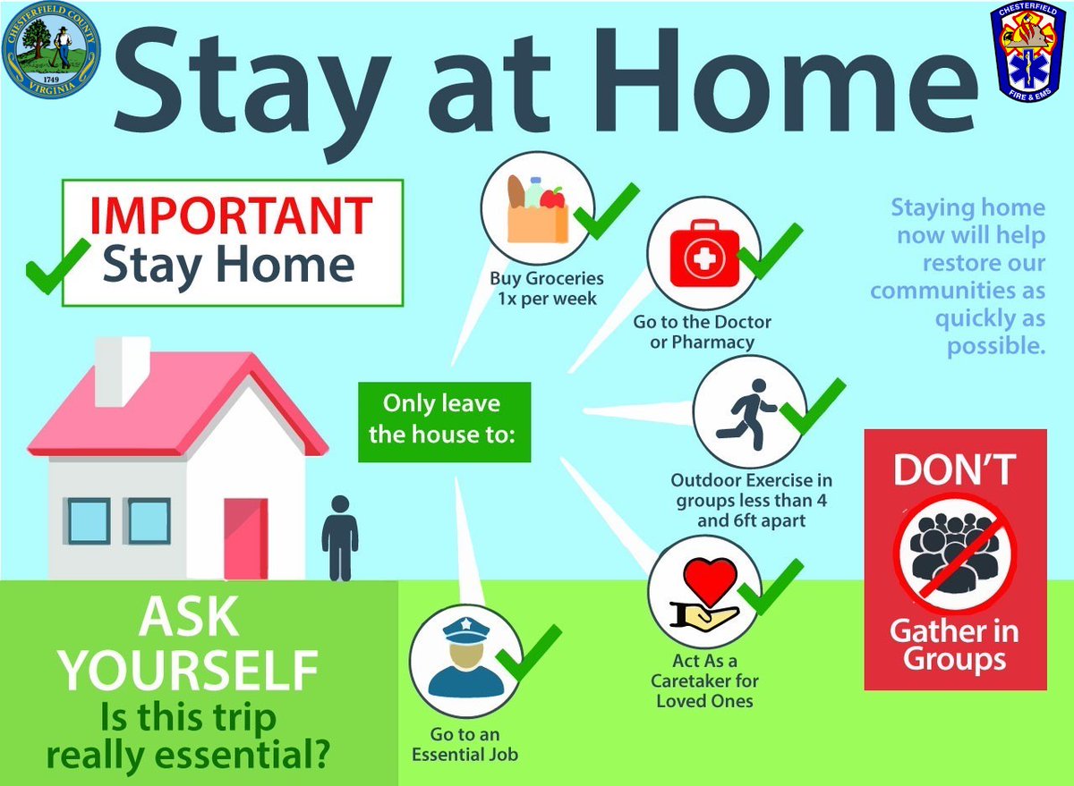 Today, Governor Northam issued Executive Order-55. Go to the link below for the specifics from the Executive Order. Before leaving your house, ask yourself: Is this trip really essential? #CFEMS #ChesterfieldCares #Safety #SocialDistance 

governor.virginia.gov/executive-acti…